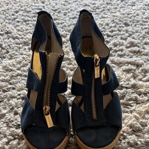 Michael Kors Navy Wedge Sandals with Gold Accents